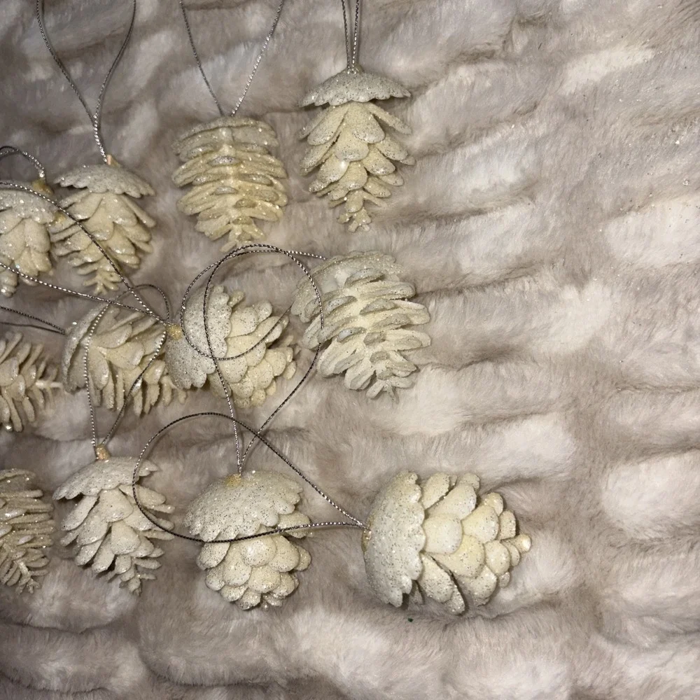 Set Of 12 White Glitter Pinecone Ornaments Glam Decor Holiday
